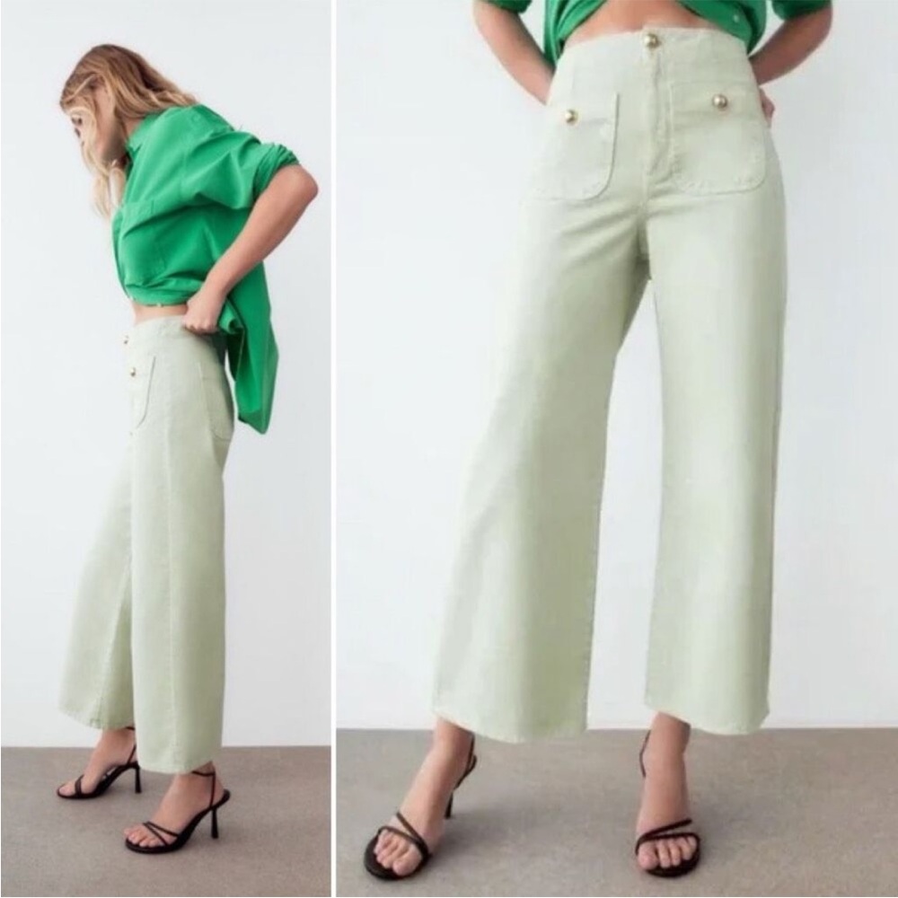 Zara Wide Leg Cropped Jeans Gold Button Front Pockets in Mint Green 4